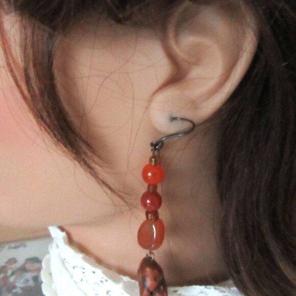 Carnelian, jasper & beads necklace & earrings in copper setting - 1980s - Picture 6 of 9